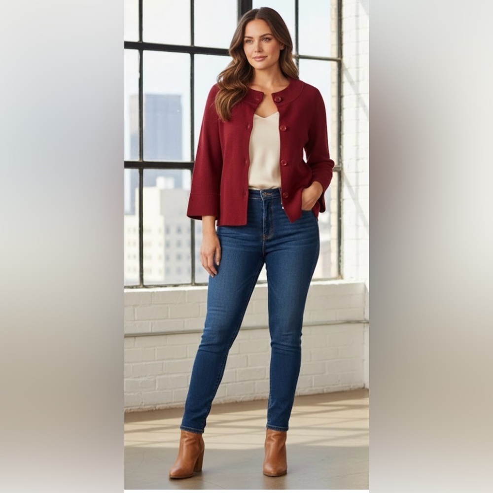 Anne Klein Red Button-Up Cardigan Cotton Modal Size Large